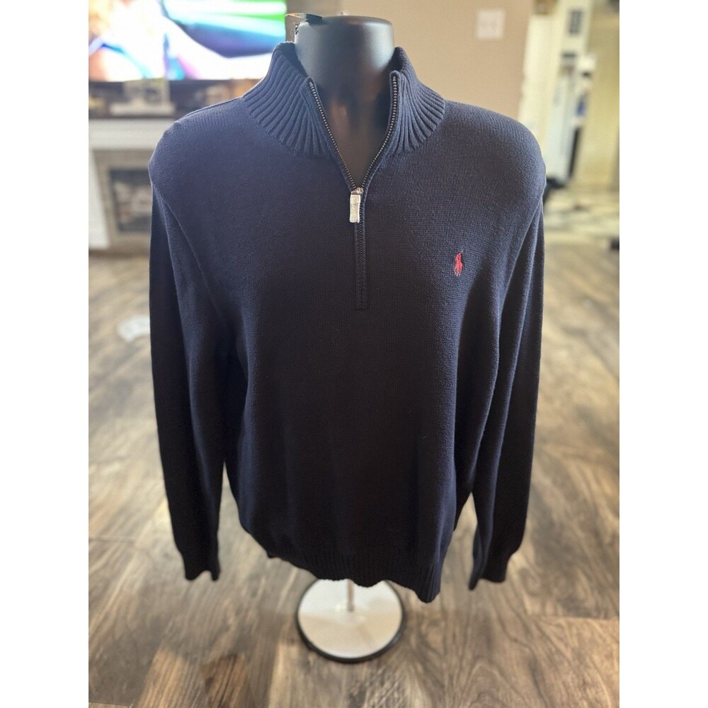 NEW Polo Ralph Lauren Sweater! Blue 1/2 Zip Leather Pull
